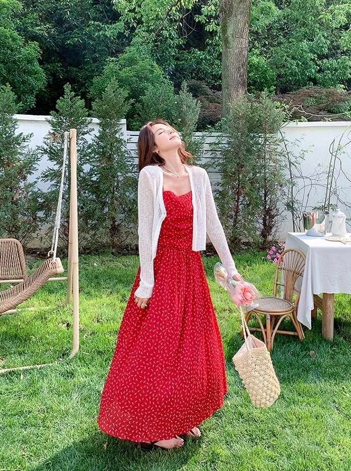 Red Floral Knit Cardigan And Dress Set