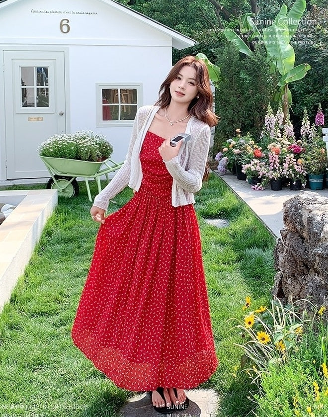 Red Floral Knit Cardigan And Dress Set