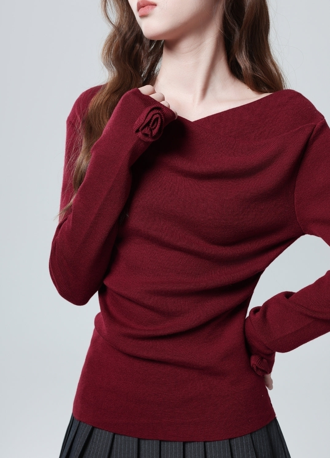 Red Floral Knit Sweater With Slim Fit Design