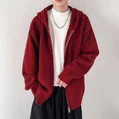 Red Hollow Knit Hooded Jacket