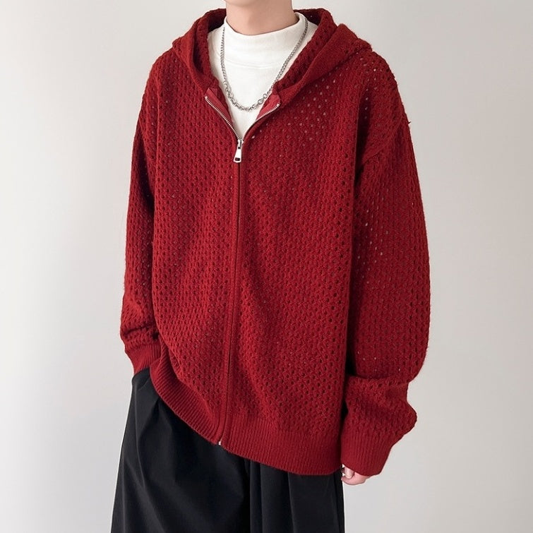 Red Hollow Knit Hooded Jacket