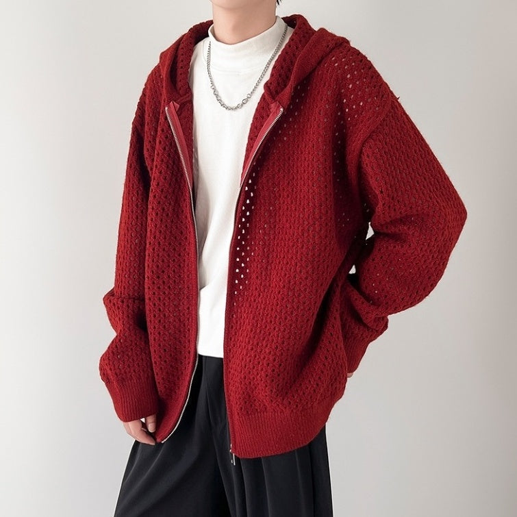 Red Hollow Knit Hooded Jacket