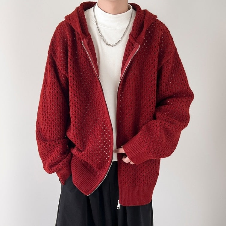 Red Hollow Knit Hooded Jacket