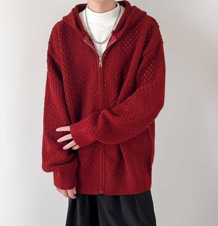 Red Hollow Knit Hooded Jacket