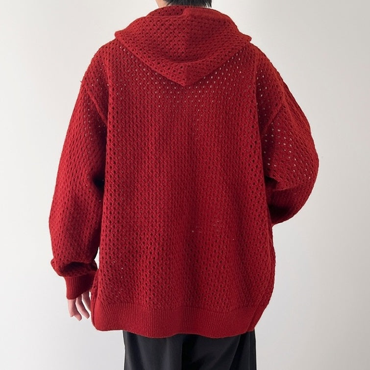 Red Hollow Knit Hooded Jacket