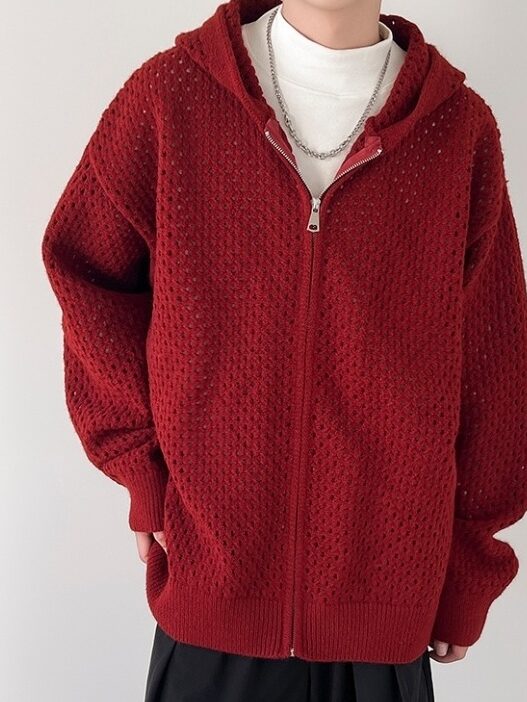 Red Hollow Knit Hooded Jacket