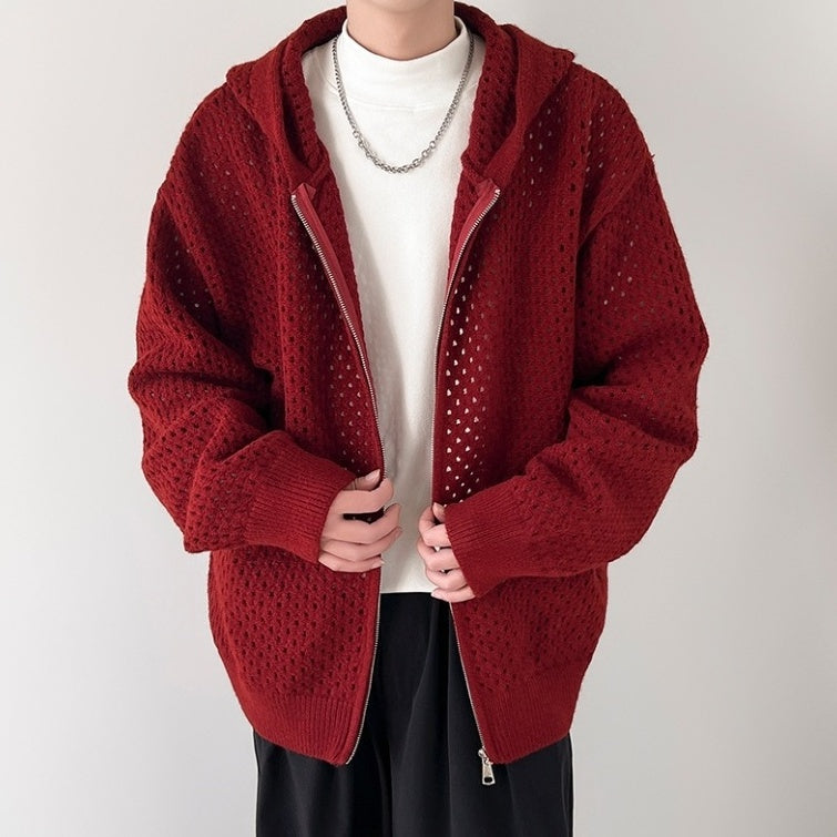 Red Hollow Knit Hooded Jacket