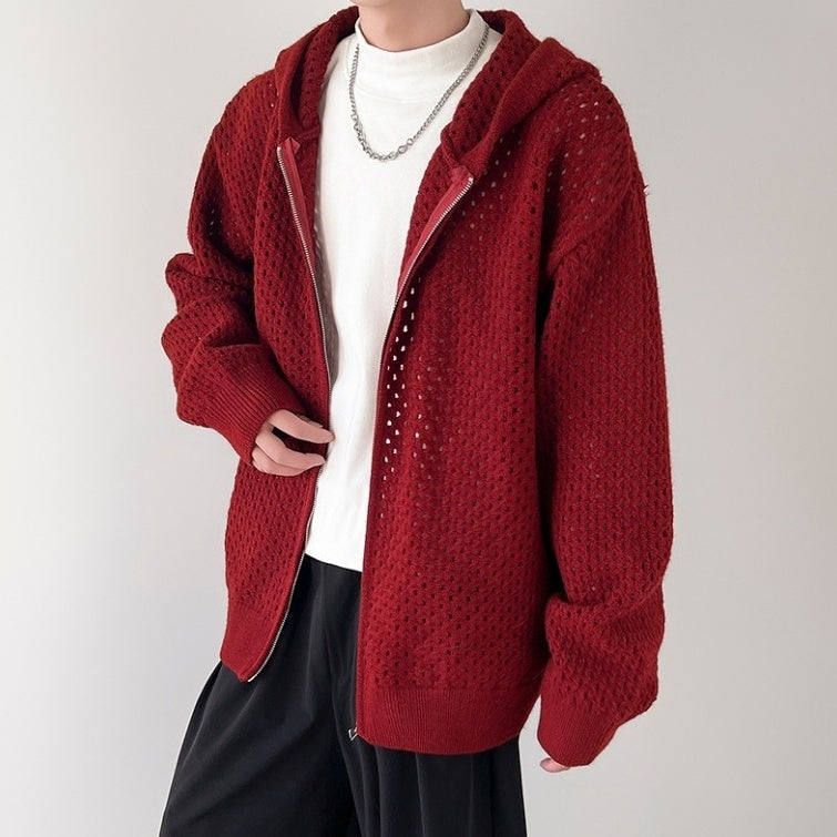 Red Hollow Knit Hooded Jacket