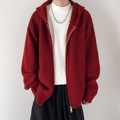 Red Hollow Knit Hooded Jacket