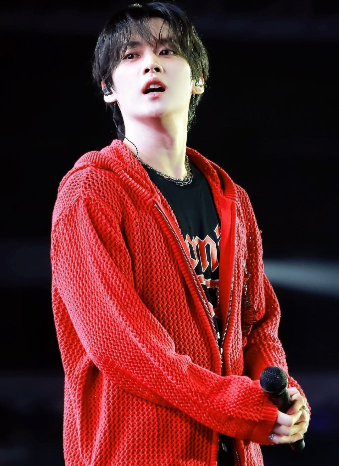 Red Hollow Knit Hooded Jacket