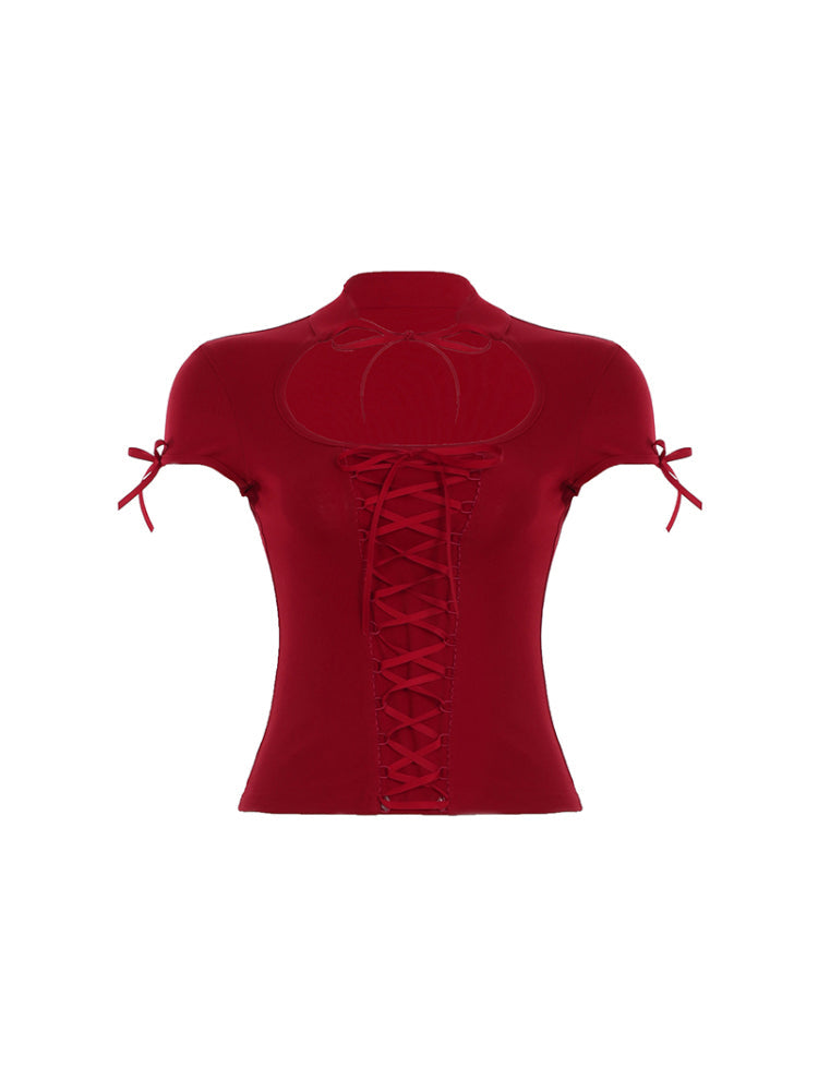 Red Hollow Front Lace-Up Top