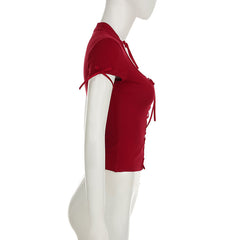 Red Hollow Front Lace-Up Top