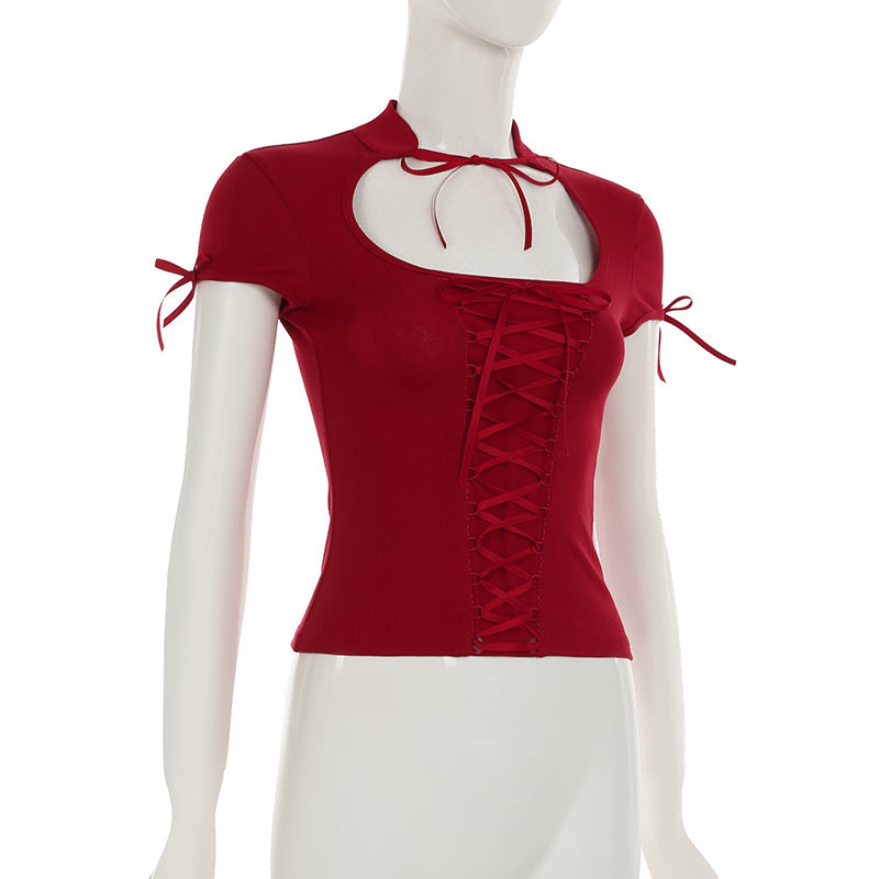 Red Hollow Front Lace-Up Top