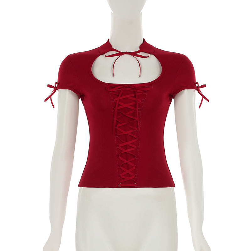 Red Hollow Front Lace-Up Top