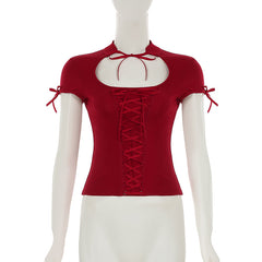 Red Hollow Front Lace-Up Top