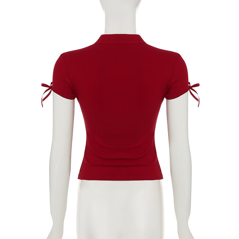 Red Hollow Front Lace-Up Top