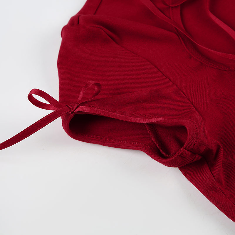 Red Hollow Front Lace-Up Top