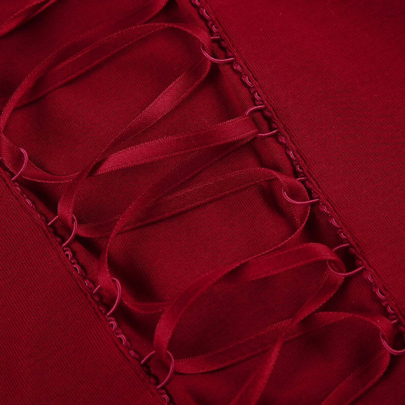 Red Hollow Front Lace-Up Top