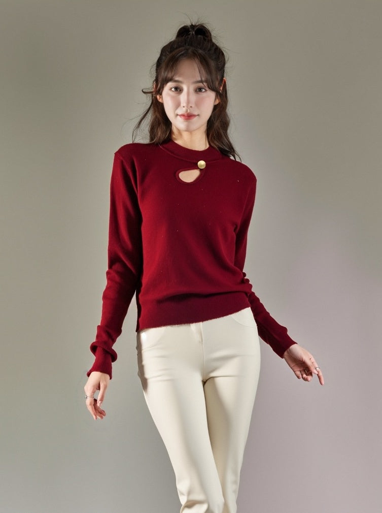 Red Hollow Knit Sweater For Casual Chic