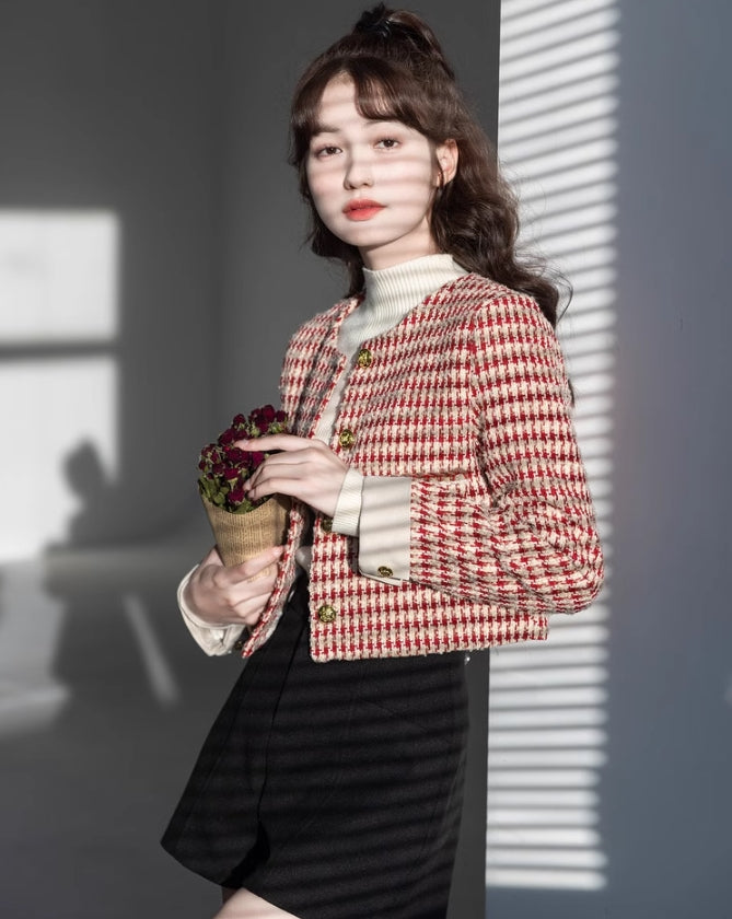 Red Houndstooth Cropped Jacket