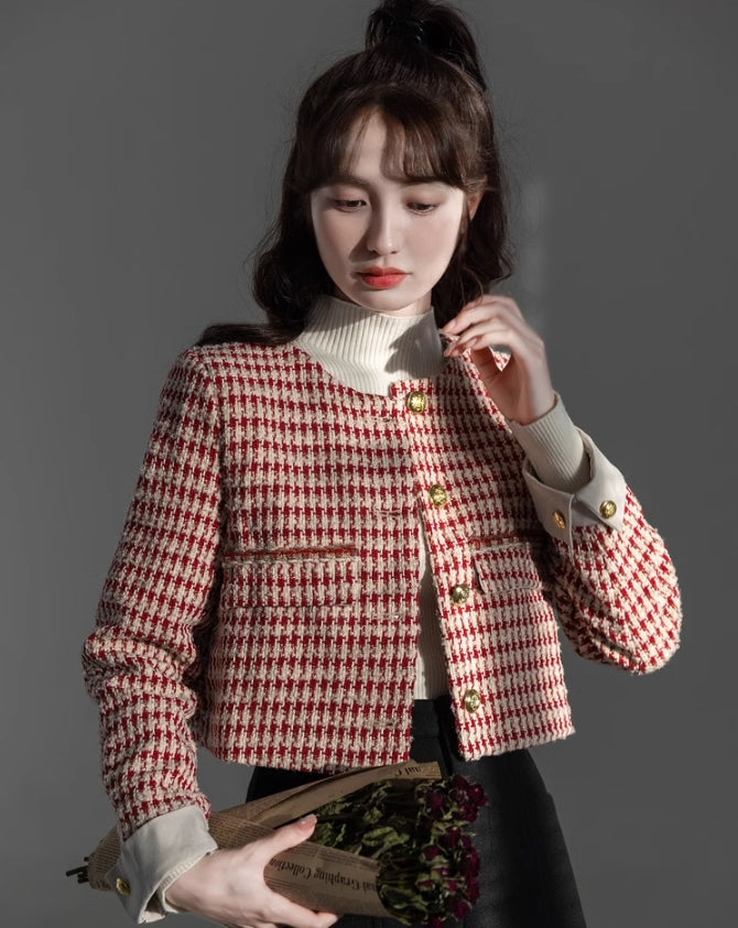 Red Houndstooth Cropped Jacket