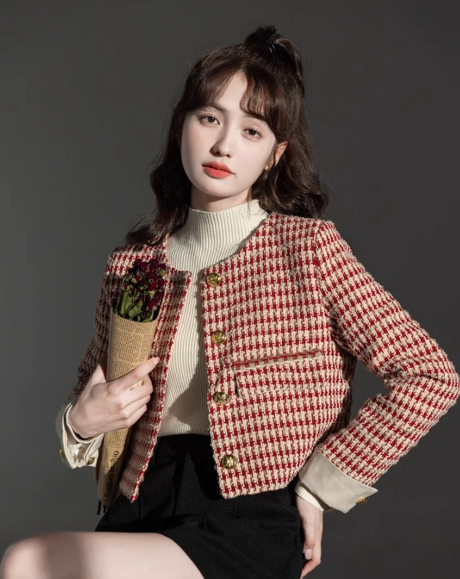 Red Houndstooth Cropped Jacket