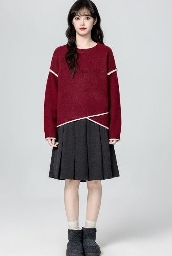 Red Irregular Neck Cozy Knit Sweater