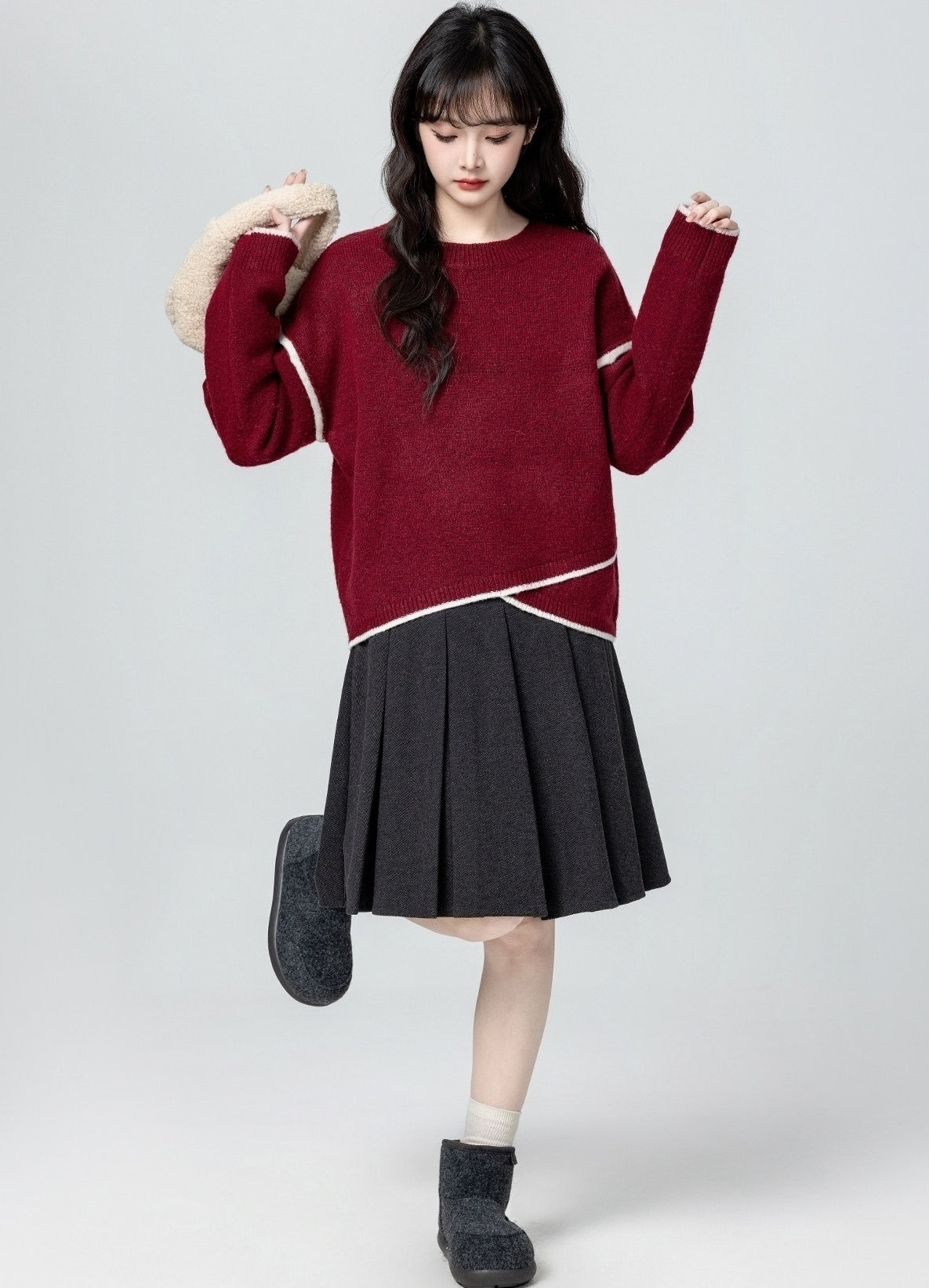 Red Irregular Neck Cozy Knit Sweater
