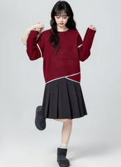 Red Irregular Neck Cozy Knit Sweater