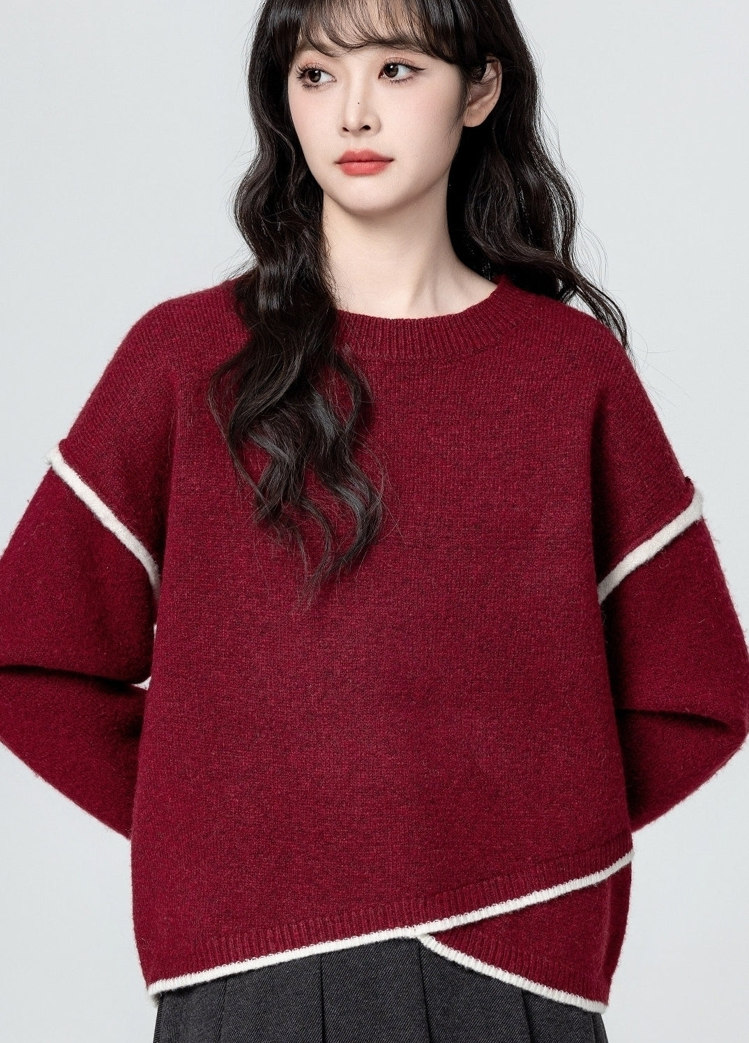 Red Irregular Neck Cozy Knit Sweater