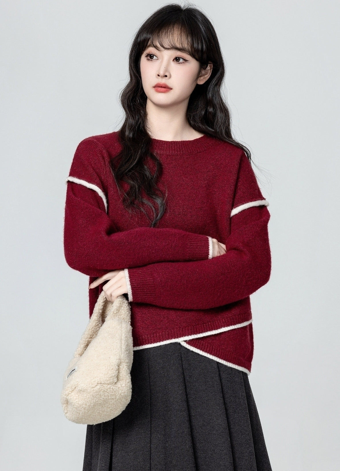 Red Irregular Neck Cozy Knit Sweater