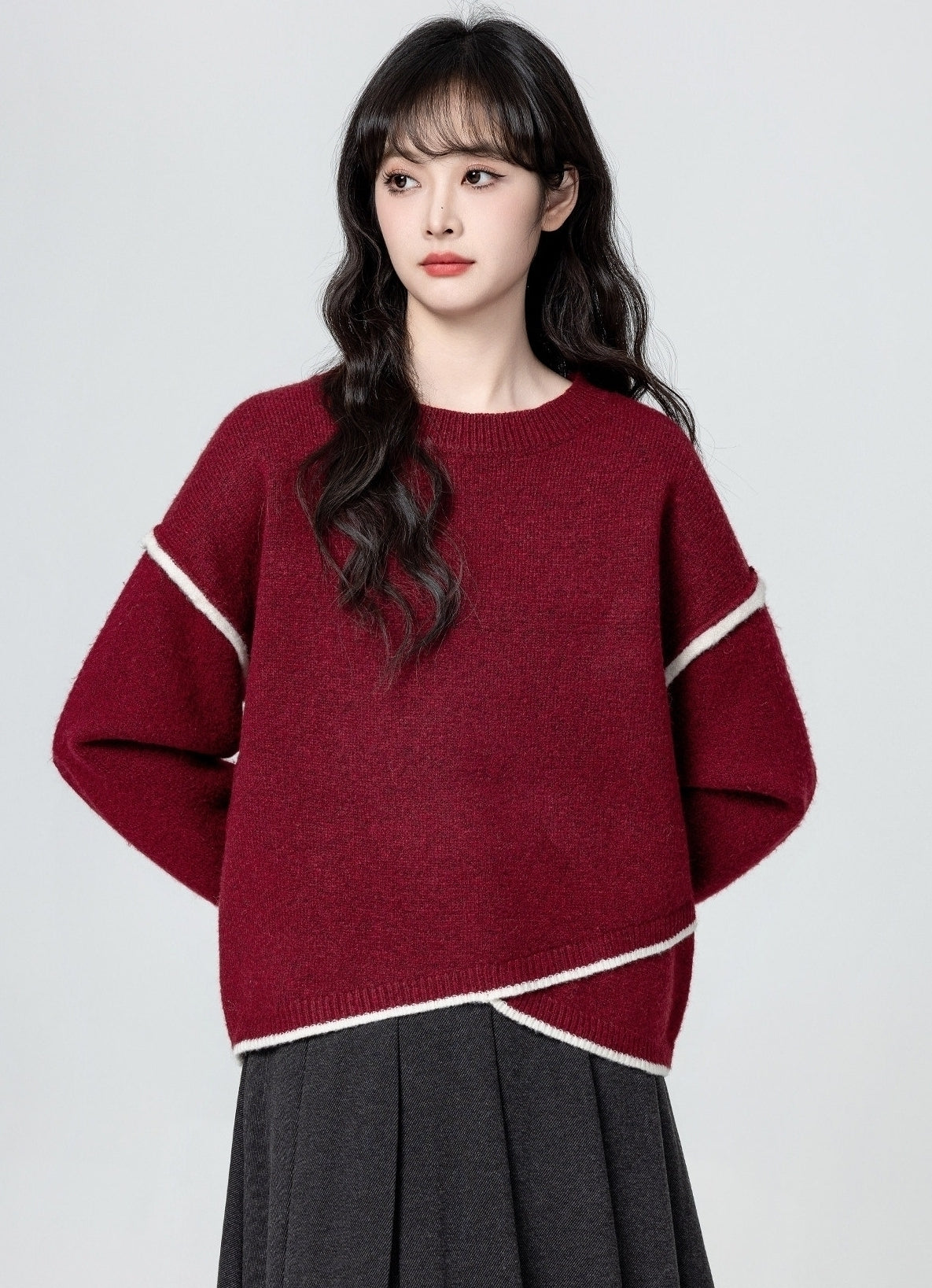 Red Irregular Neck Cozy Knit Sweater