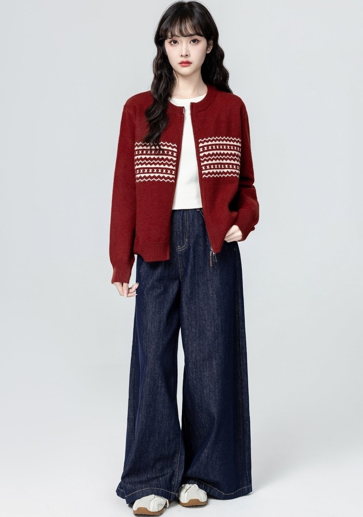 Red Jacquard Knit Zip Up Cardigan Sweater