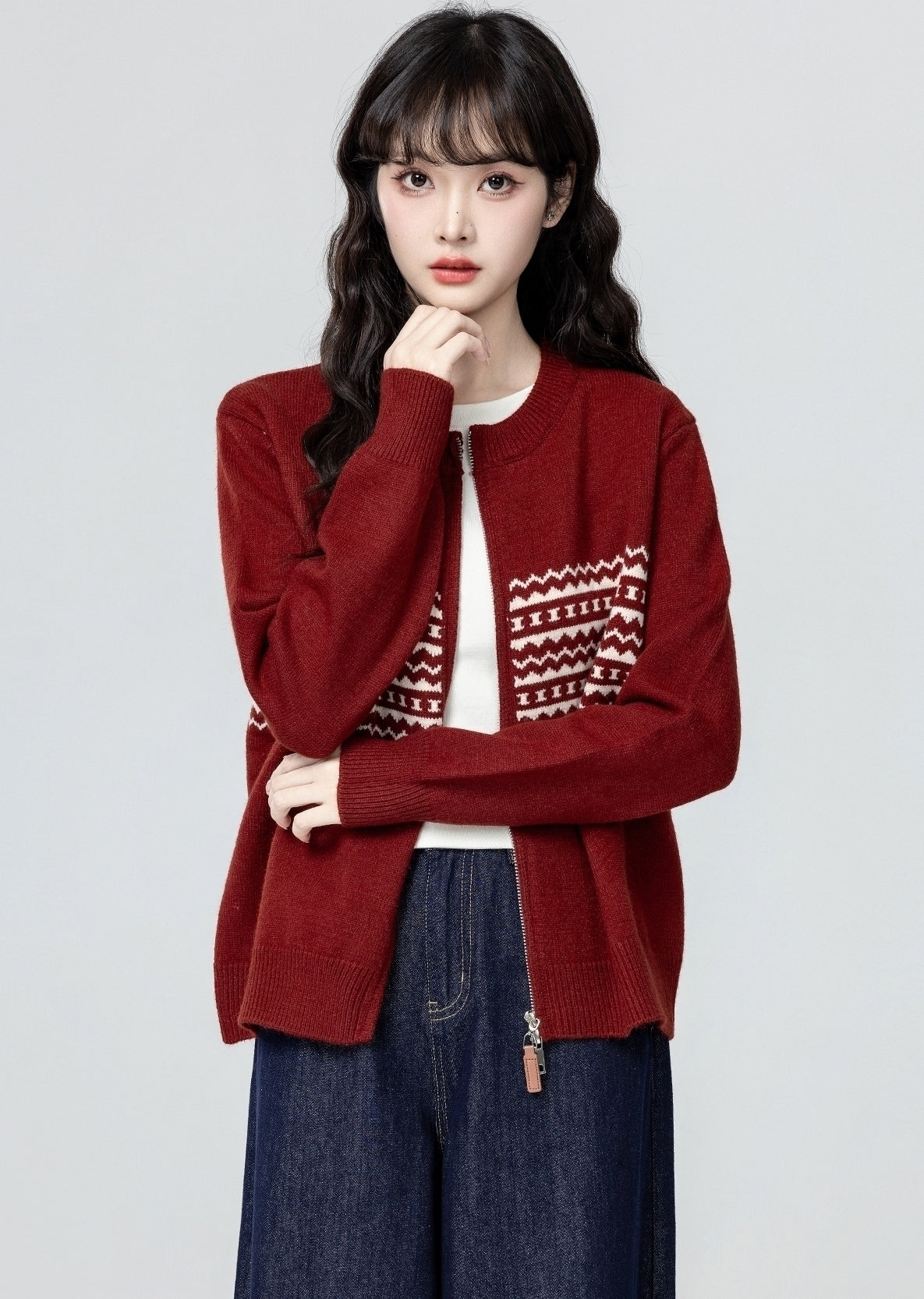 Red Jacquard Knit Zip Up Cardigan Sweater