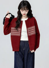 Red Jacquard Knit Zip Up Cardigan Sweater