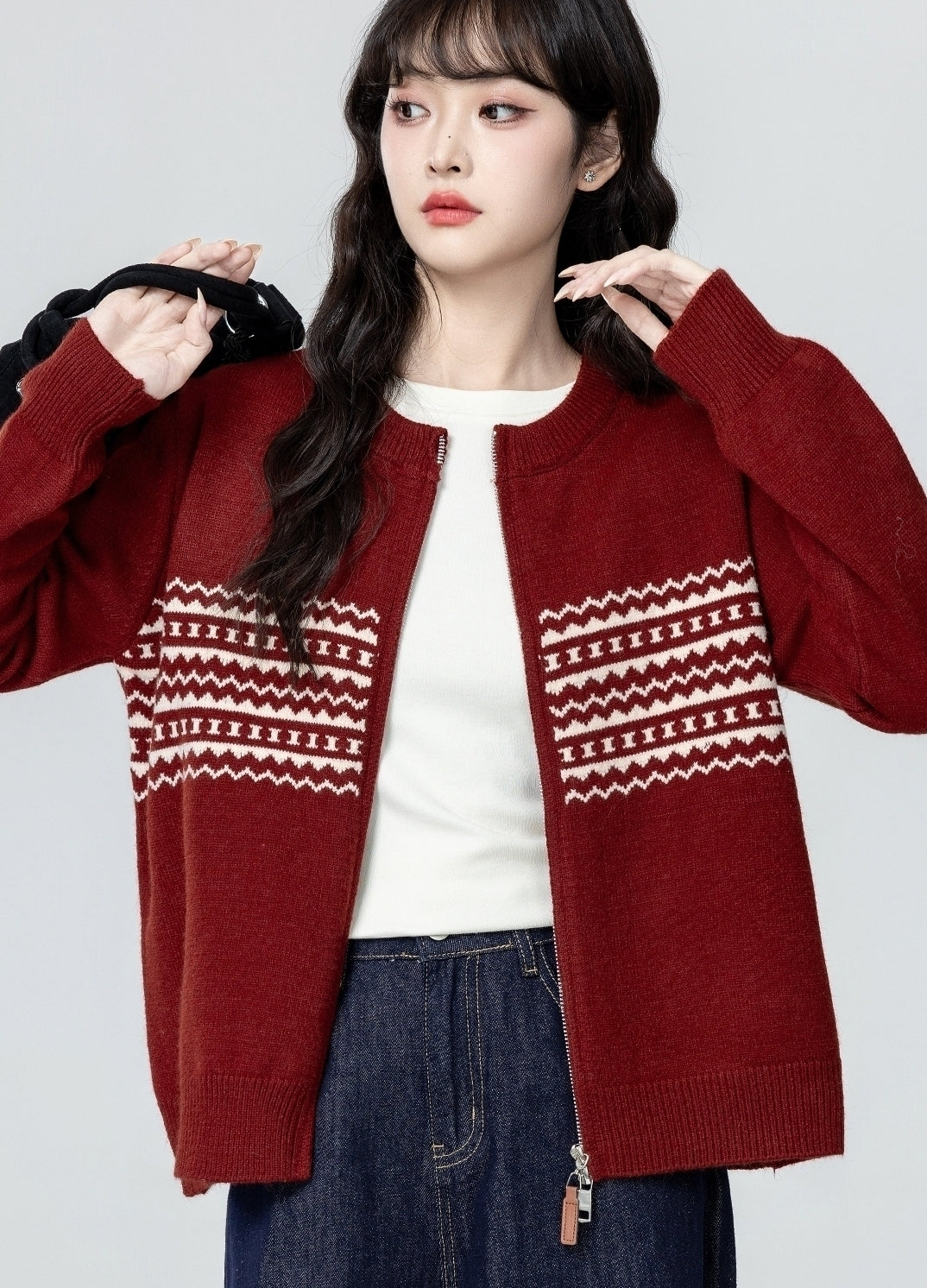 Red Jacquard Knit Zip Up Cardigan Sweater