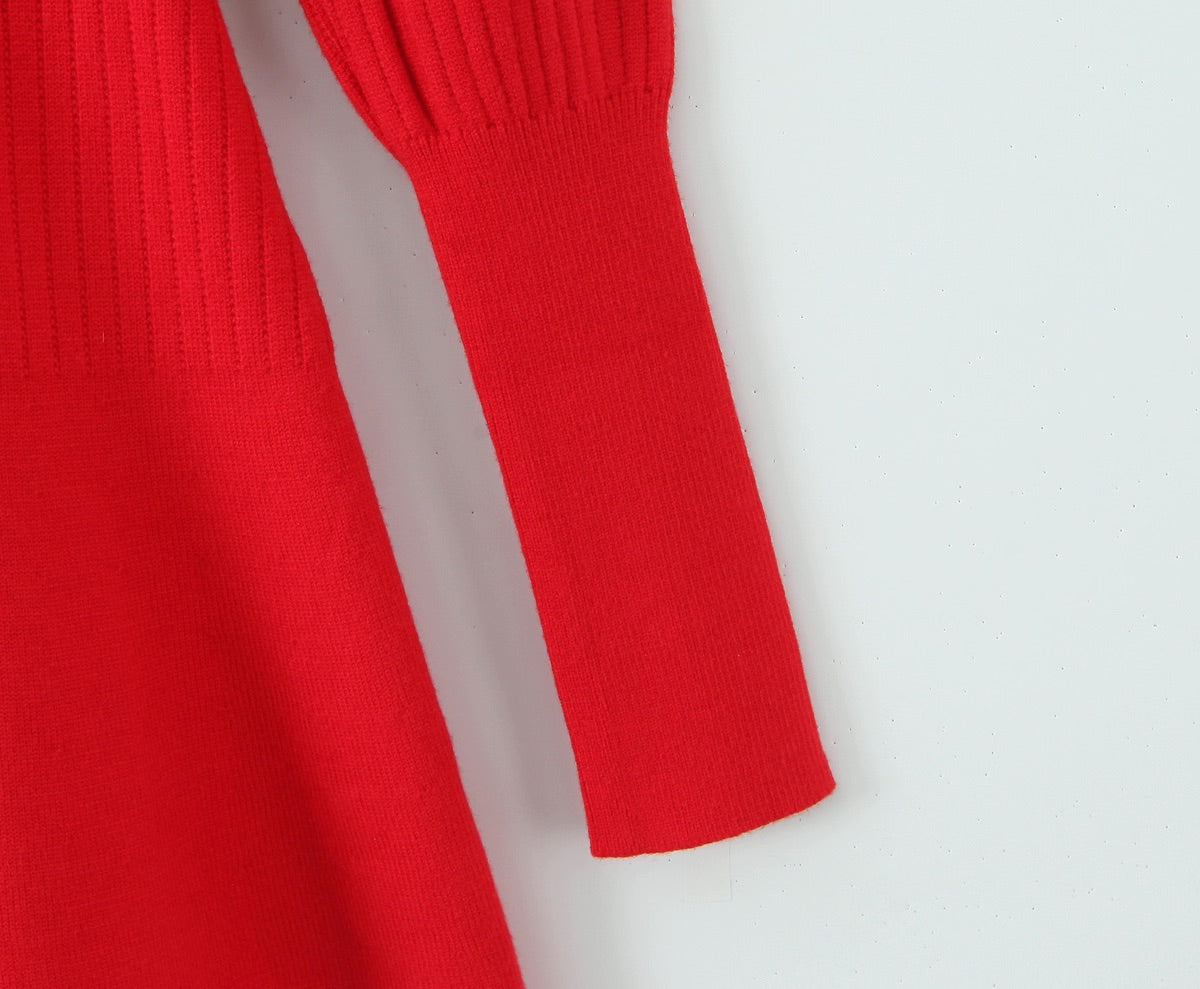 Red Knitted Sweater Lace Dress