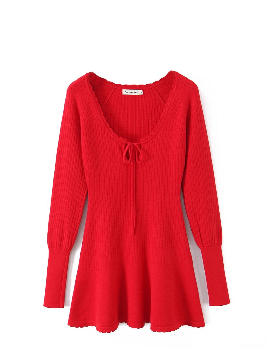 Red Knitted Sweater Lace Dress
