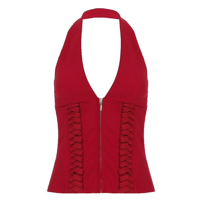 Red Lace-Up Halter Top