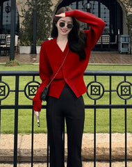 Red Loose V-Neck Cardigan