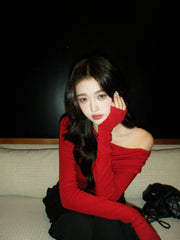 Red Off Shoulder Long Sleeve Top