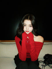 Red Off Shoulder Long Sleeve Top