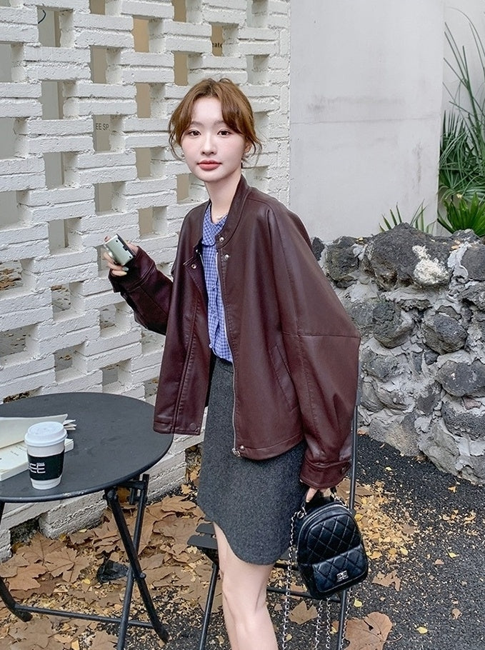 Red Oversized Faux Leather Jacket