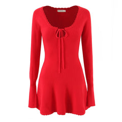 Red Ribbed Knit Flare Long Sleeve Dress
