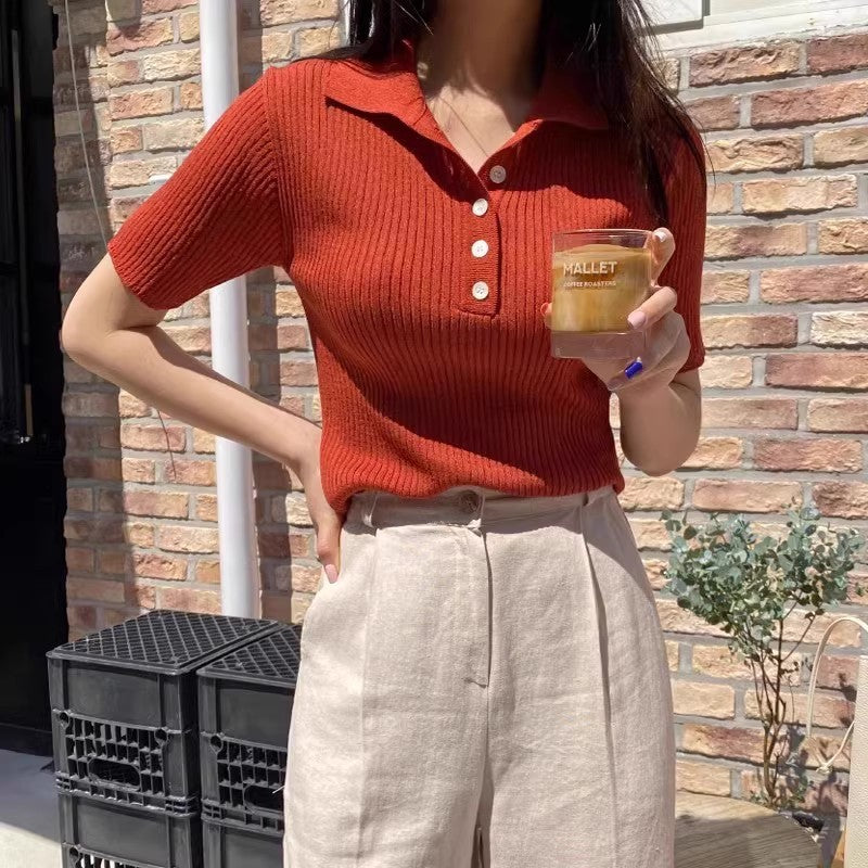 Red Ribbed Knitted Polo Shirt