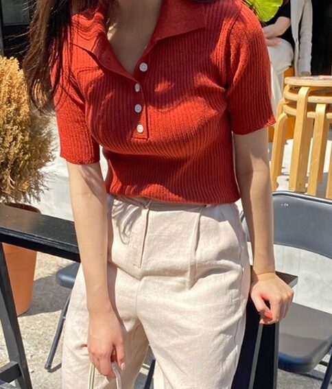 Red Ribbed Knitted Polo Shirt