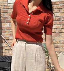 Red Ribbed Knitted Polo Shirt