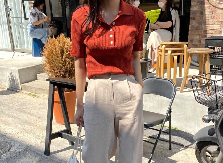 Red Ribbed Knitted Polo Shirt