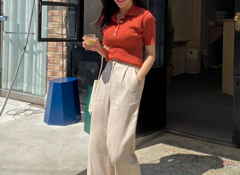 Red Ribbed Knitted Polo Shirt