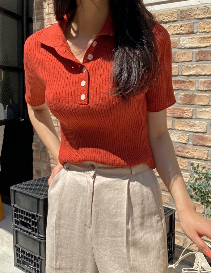 Red Ribbed Knitted Polo Shirt
